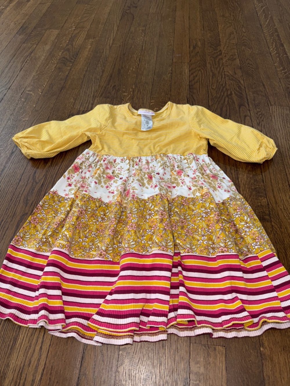 Kids Yellow Floral Tiered Long-Sleeve Dress